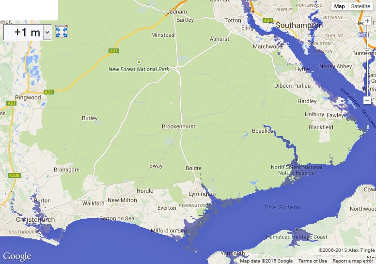 Map of New Forest with 1 meter sea level rise