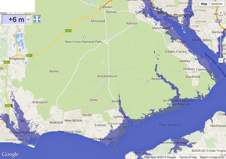 Map of New Forest with 6 meter sea level rise