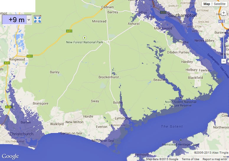 Map of New Forest with 9 meter sea level rise